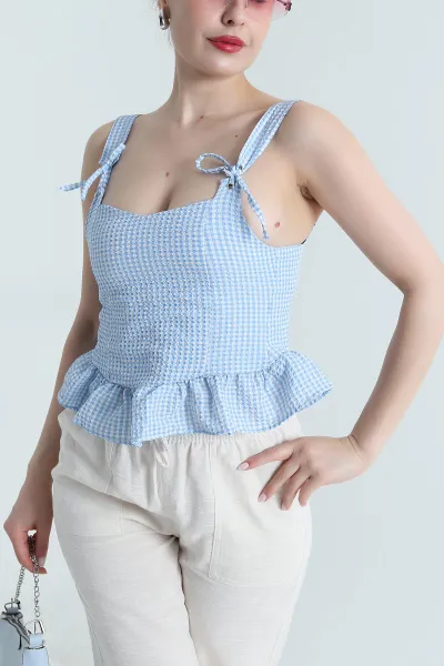 Bebe Mavisi Kuş Gözü Detay Gofre Kadın Bluz 471244
