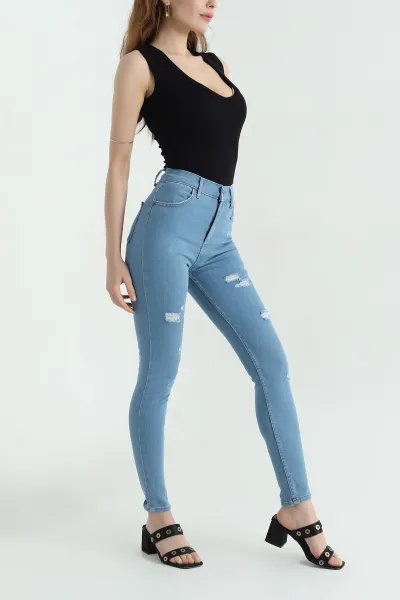 Bebe Mavisi Lazer Kesim Slim Fit Kadın Kot Pantolon 367036