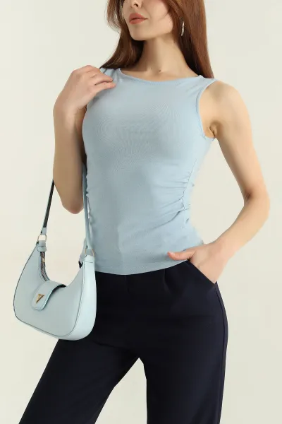 Bebe Mavisi Likralı Büzgülü  Kolsuz Kadın Bluz 363462