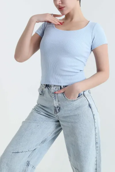 Bebe Mavisi Likralı Fitilli Kadın Bluz 432193