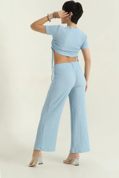 Bebe Mavisi Likralı Gofre Bluz Pantolon Kadın İkili Takım 374968