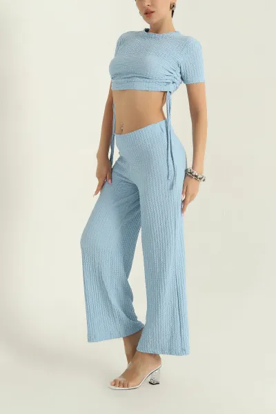 Bebe Mavisi Likralı Gofre Bluz Pantolon Kadın İkili Takım 374968