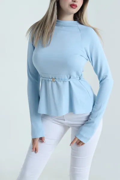 Bebe Mavisi Likralı Önü Aksesuarlı Kadın Bluz 490588
