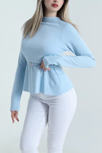Bebe Mavisi Likralı Önü Aksesuarlı Kadın Bluz 490588