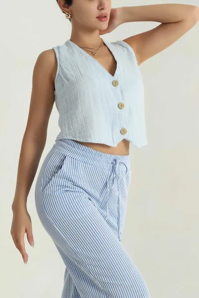 bebe-mavisi-muslin-keten-dugmeli-kadin-yelek-384289