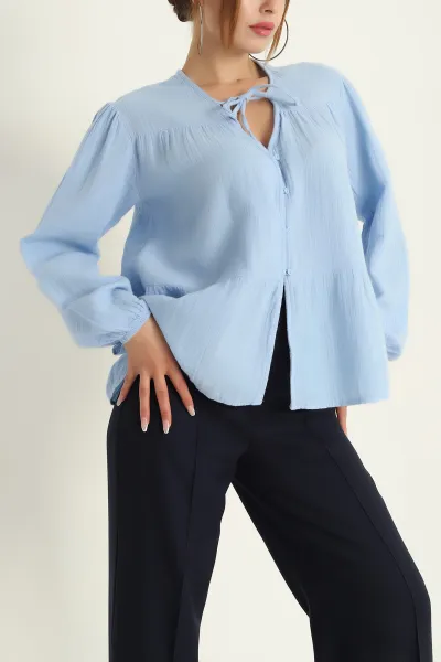 Bebe Mavisi Müslin Keten Gömlek Bluz 296141