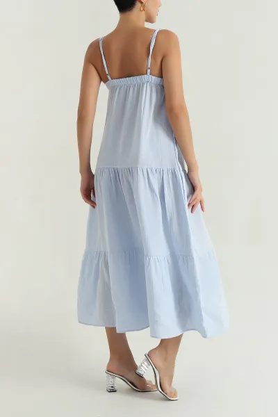 Bebe Mavisi Müslin Keten İp Askılı Kadın Elbise 380793