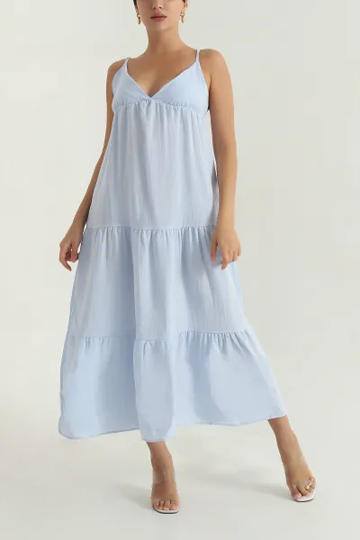 Bebe Mavisi Müslin Keten İp Askılı Kadın Elbise 380793