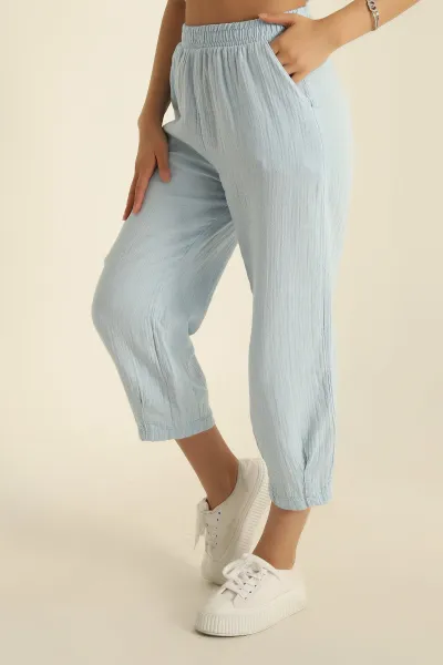 Bebe Mavisi Müslin Keten Paça Pensli Şalvar Pantolon 279839