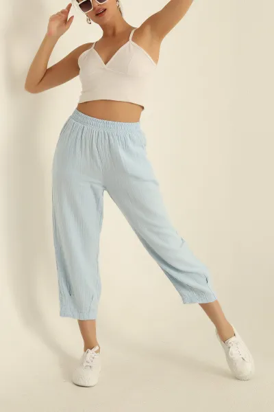Bebe Mavisi Müslin Keten Paça Pensli Şalvar Pantolon 279839