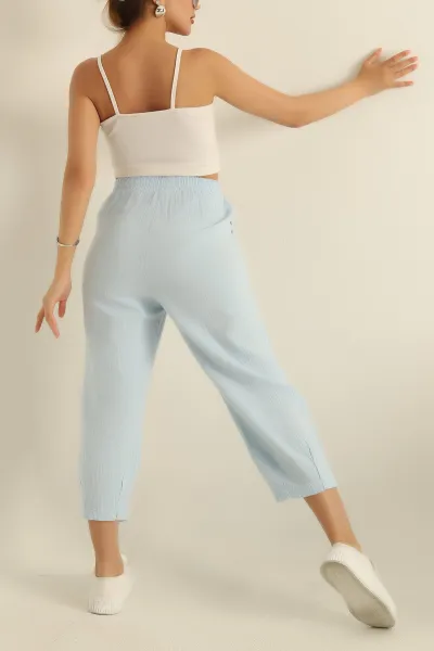 Bebe Mavisi Müslin Keten Paça Pensli Şalvar Pantolon 279839