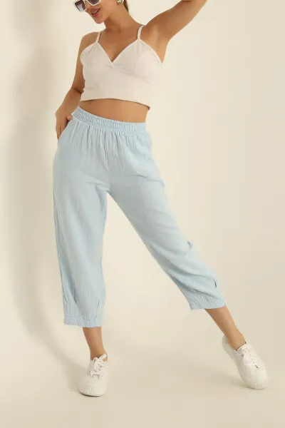 Bebe Mavisi Müslin Keten Paça Pensli Şalvar Pantolon 279839