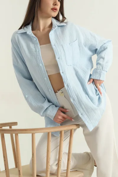 Bebe Mavisi Müslin Keten Tek Cep Kadın Gömlek 350772