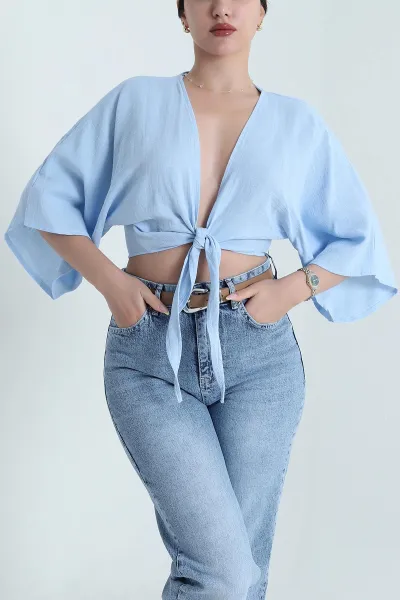 Bebe Mavisi Müslin Kumaş Bağlamalı Bolero 467486