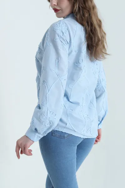 Bebe Mavisi Nakışlı Hakim Yaka Poplin Kadın Gömlek 447825