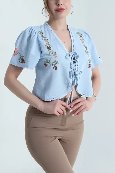 Bebe Mavisi Nakışlı Keten Kadın Bluz 475279