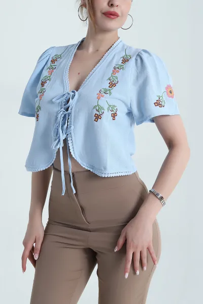 Bebe Mavisi Nakışlı Keten Kadın Bluz 475279