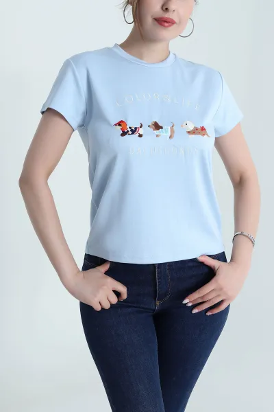 Bebe Mavisi Nakışlı Oysho Kadın Tişört 474795