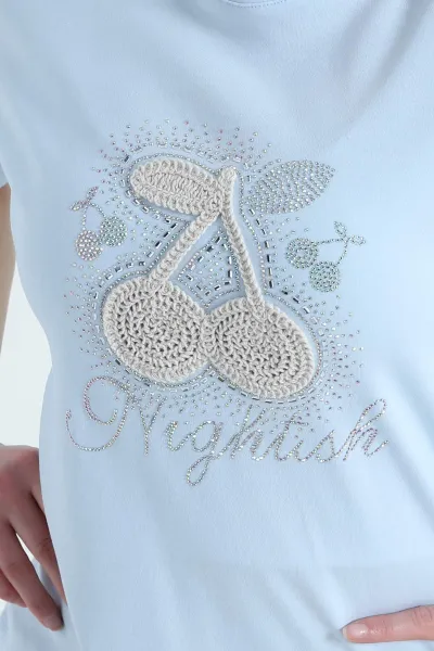 Bebe Mavisi Nakışlı Taşlı İnterlok Kadın Tişört 439397