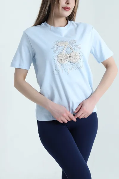 Bebe Mavisi Nakışlı Taşlı İnterlok Kadın Tişört 439397