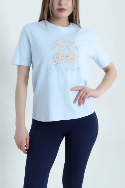 Bebe Mavisi Nakışlı Taşlı İnterlok Kadın Tişört 439397