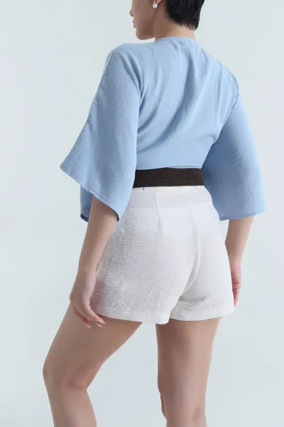 Bebe Mavisi Önü Bağlamalı Müslin Keten Kadın Bluz 464581