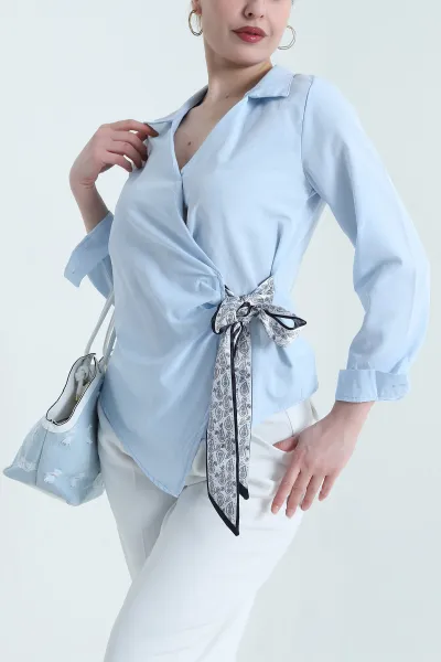 Bebe Mavisi Önü Bağlamalı Poplin Kadın Gömlek Bluz 446875