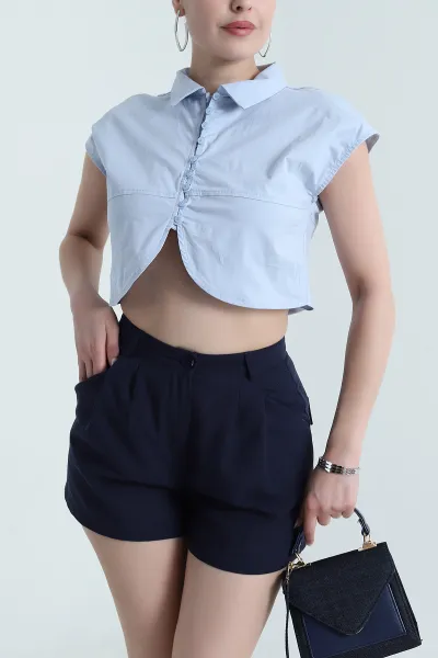 Bebe Mavisi Oval Kesim Poplin Kadın Crop Gömlek 472293