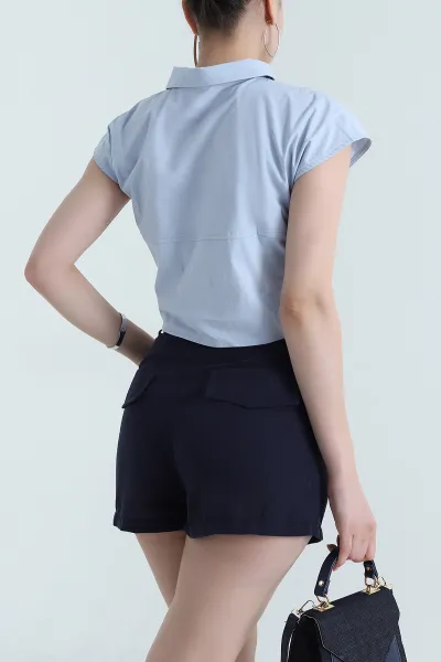 Bebe Mavisi Oval Kesim Poplin Kadın Crop Gömlek 472293