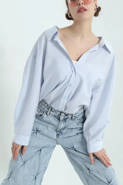 Bebe Mavisi Oversize Aerobin Kumaş Bayan Gömlek 337192
