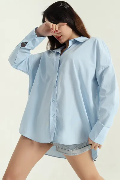 Bebe Mavisi Oversize Bayan Poplin Gömlek 337012