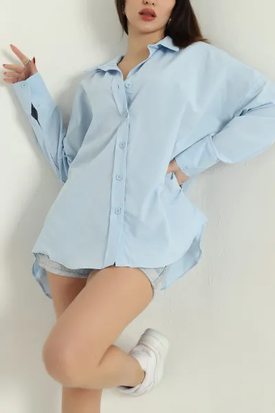 Bebe Mavisi Oversize Bayan Poplin Gömlek 337012