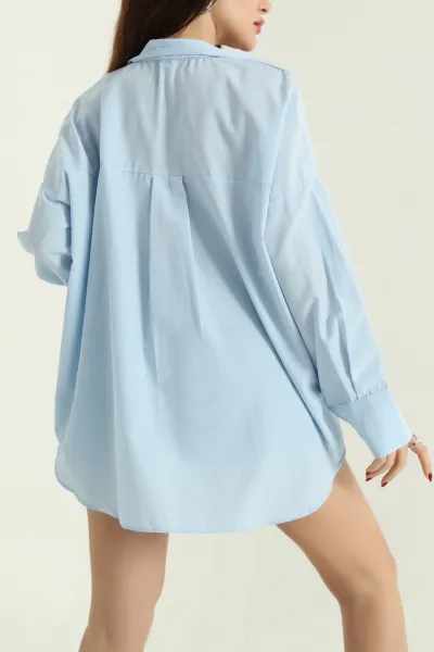 Bebe Mavisi Oversize Bayan Poplin Gömlek 337012