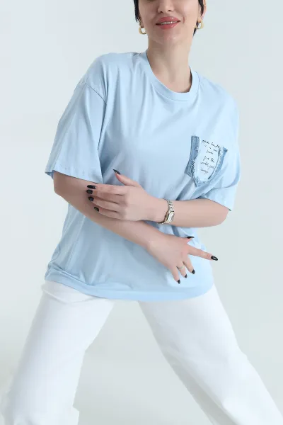 Bebe Mavisi Oversize Bisiklet Yaka Süprem Kadın Tişört 452519