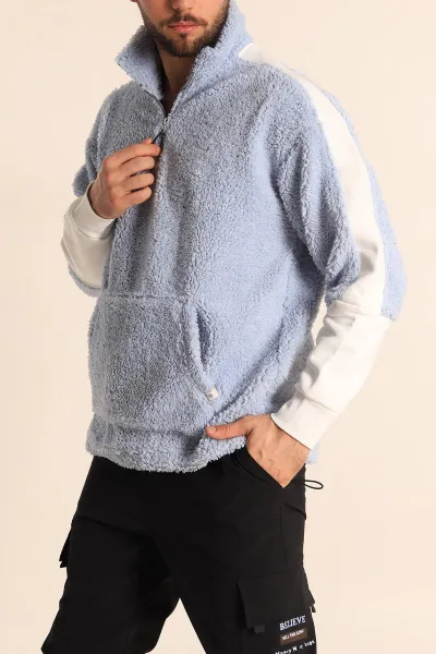 Bebe Mavisi Oversize Kol Detaylı Kanguru Cepli Yarım Fermuar Peluş Sweatshirt 233948