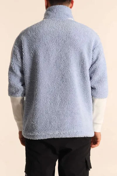 Bebe Mavisi Oversize Kol Detaylı Kanguru Cepli Yarım Fermuar Peluş Sweatshirt 233948