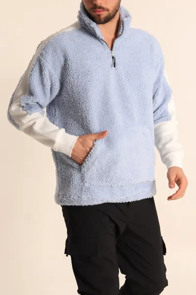 Bebe Mavisi Oversize Kol Detaylı Kanguru Cepli Yarım Fermuar Peluş Sweatshirt 233948
