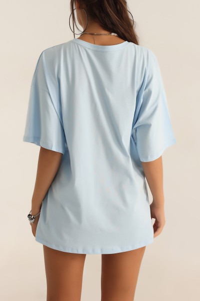 Bebe Mavisi Oversize Nakışlı Bayan Tişört 192570