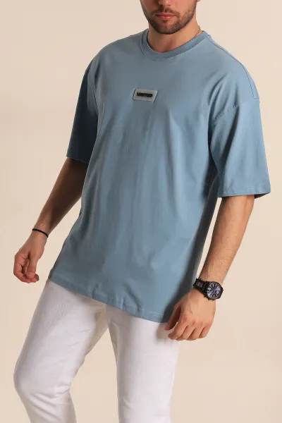 Bebe Mavisi Oversize Suprem Kumaş Plastik Baskı Detaylı Erkek Tişört 267364