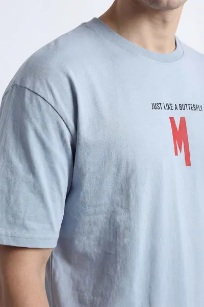 Bebe Mavisi Owersize Bisiklet Yaka Yazı Detaylı Erkek Tişört 442048