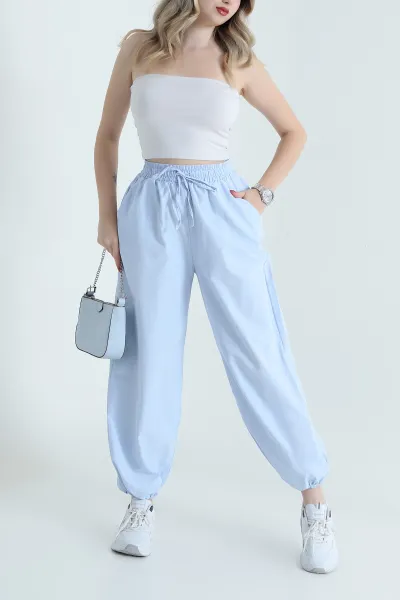 Bebe Mavisi Paça Büzgü Lastik Tasarım Cepli Kadın Pantolon 469368