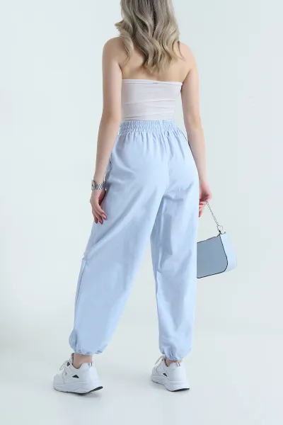 Bebe Mavisi Paça Büzgü Lastik Tasarım Cepli Kadın Pantolon 469368