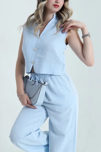 Bebe Mavisi Pantolon Bluz Keten Kadın İkili Takım 479514