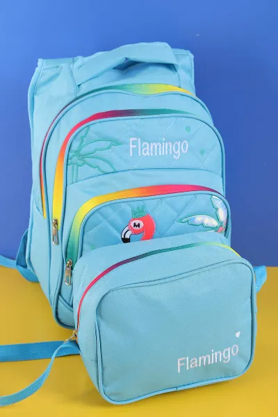 Bebe Mavisi Peluş Flamingo Kabartma Desenli Beslenme Çantalı İkili Sırt Çantası Seti 288997