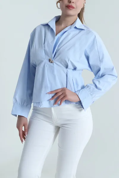 Bebe Mavisi Pensli Poplin Kadın Gömlek 485618