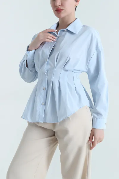 Bebe Mavisi Pileli Poplin Kadın Gömlek 447512