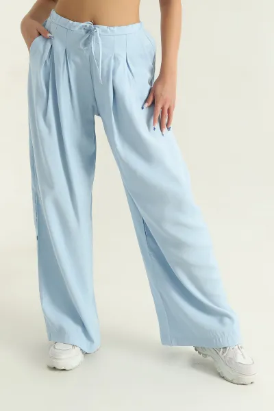 Bebe Mavisi Pileli Tencel Bol Paça Kadın Pantolon 369815