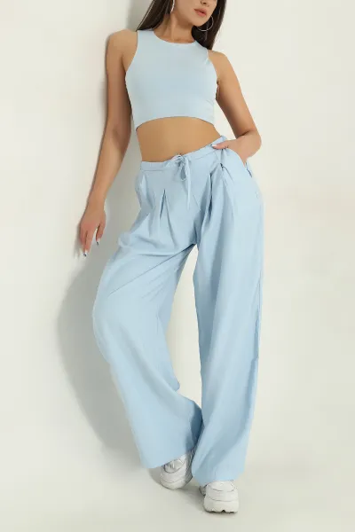 Bebe Mavisi Pileli Tencel Bol Paça Kadın Pantolon 369815