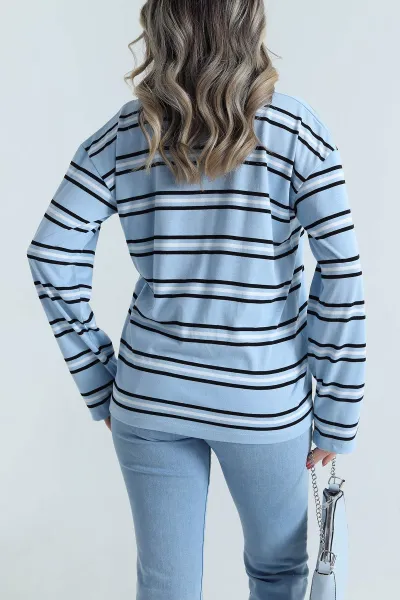 Bebe Mavisi Polo Yaka Çizgili Viskon Kadın Sweat 492515