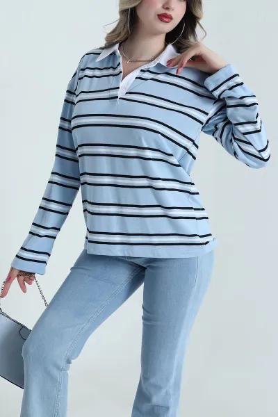 Bebe Mavisi Polo Yaka Çizgili Viskon Kadın Sweat 492515